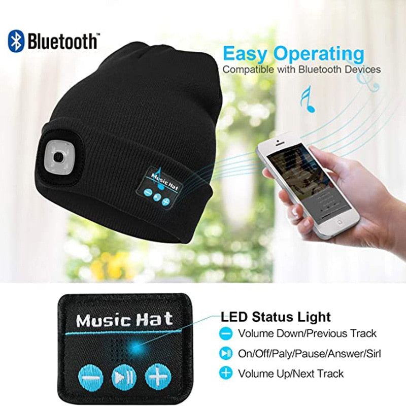 Warm Beanie Bluetooth 5.0 LED Hat Wireless Stereo Headset Music Player with MIC for Handsfree Support Dimming Rechargeable