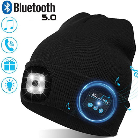 Warm Beanie Bluetooth 5.0 LED Hat Wireless Stereo Headset Music Player with MIC for Handsfree Support Dimming Rechargeable